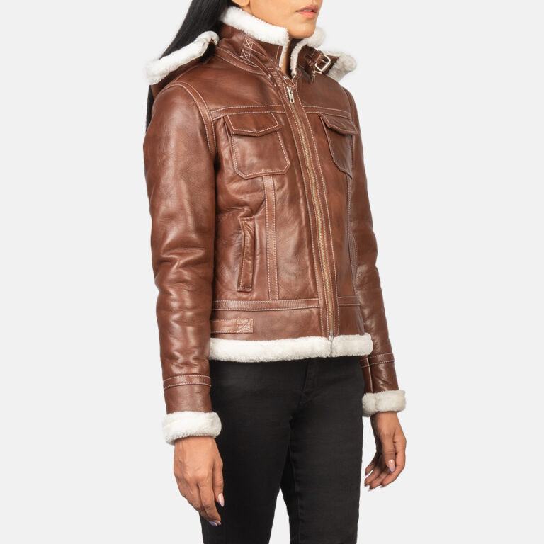 Womens Fiona Brown Hooded Shearling Leather Jacket Open Front-4-1652195370315